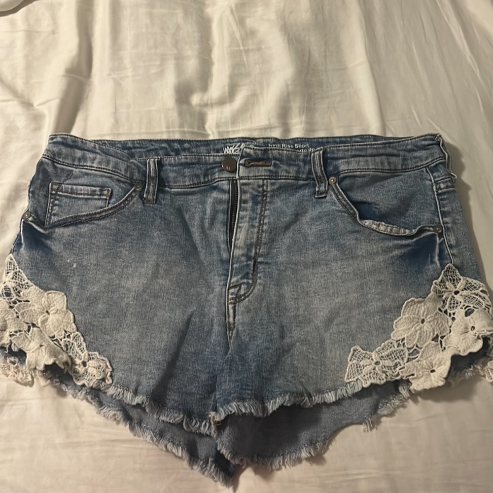 Wasson Blue and White Jean Shorts with Lace Trim
